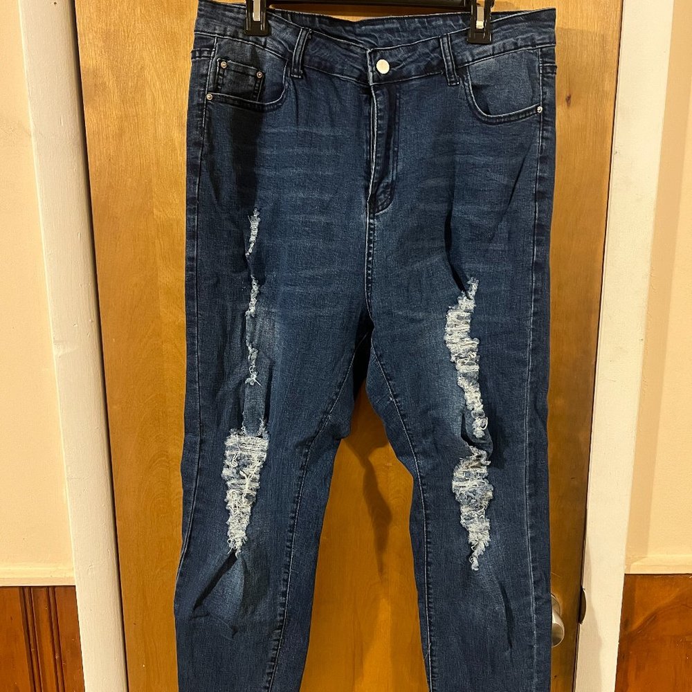 Shein Women's Blue Stylish Distressed High Waisted Casual Denim Jeans 1XL